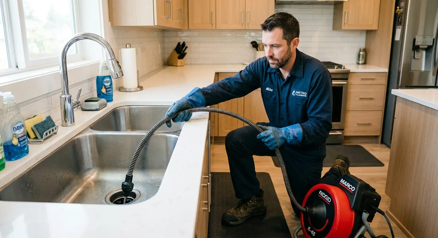 Drain cleaning technician using a motorized snake on a kitchen sink in Villa Rica