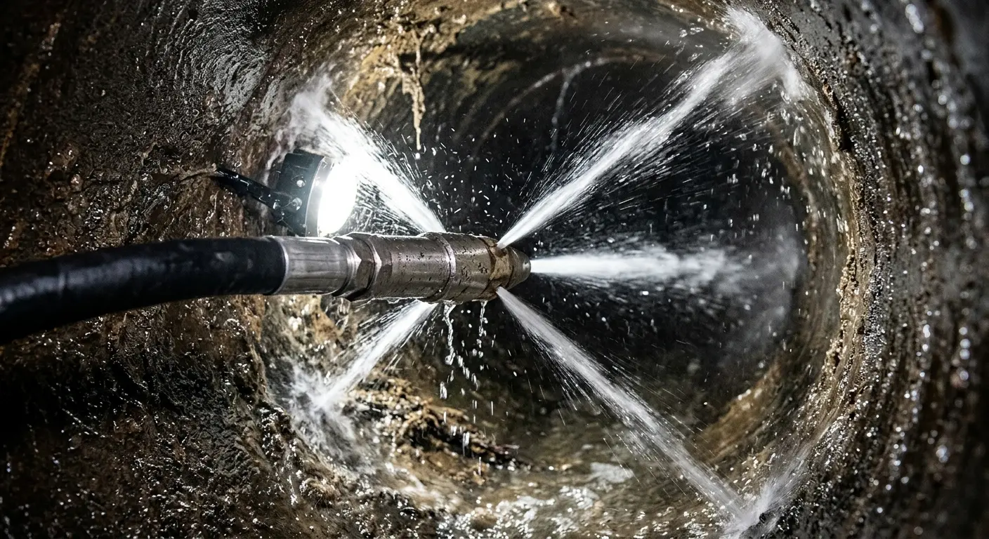 High-pressure hydro jetting nozzle cleaning sewer pipe for Emergency Drain Service in Villa Rica