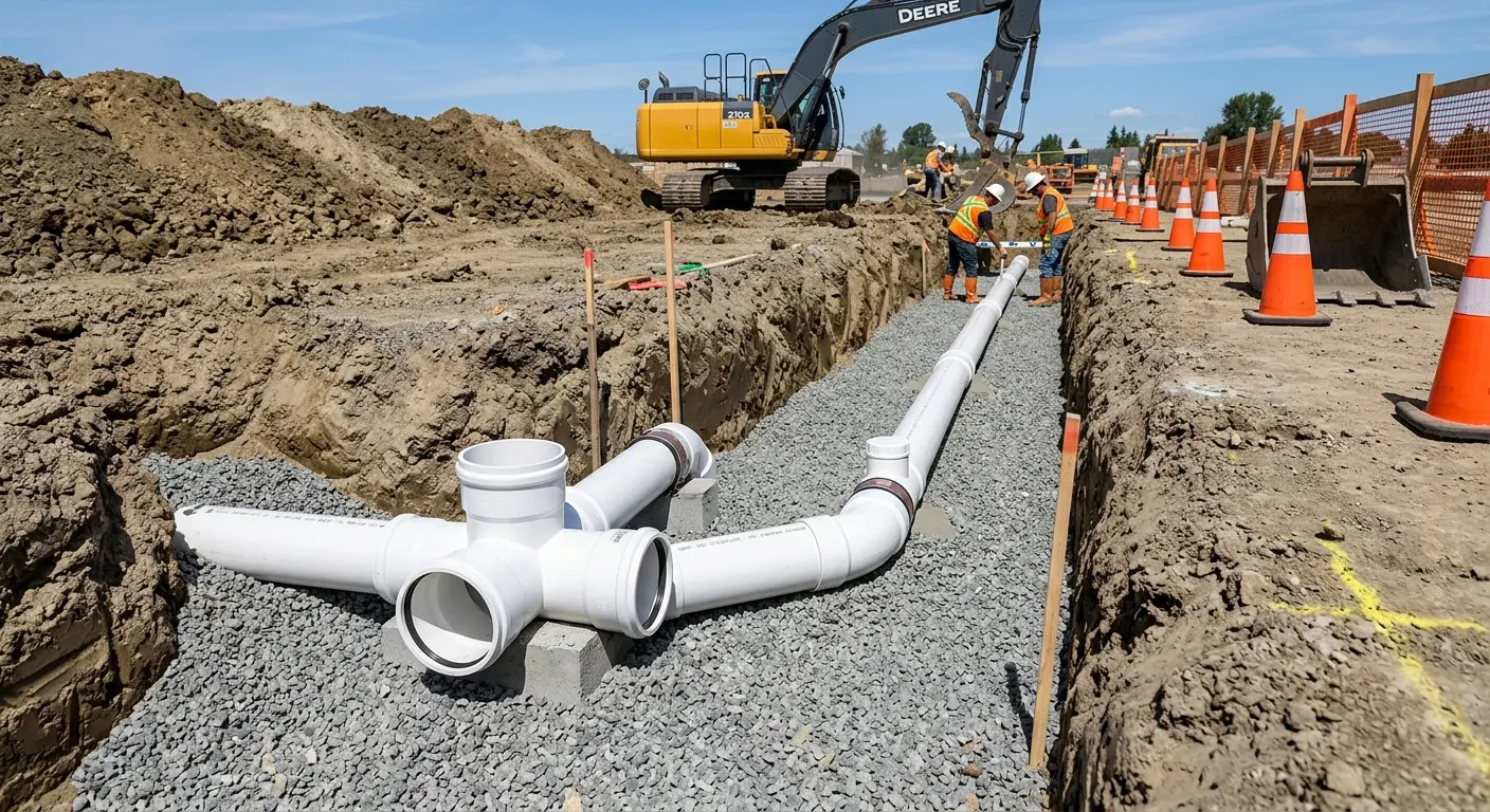 New PVC sewer pipe installation in open trench for Commercial Drain Cleaning in Villa Rica