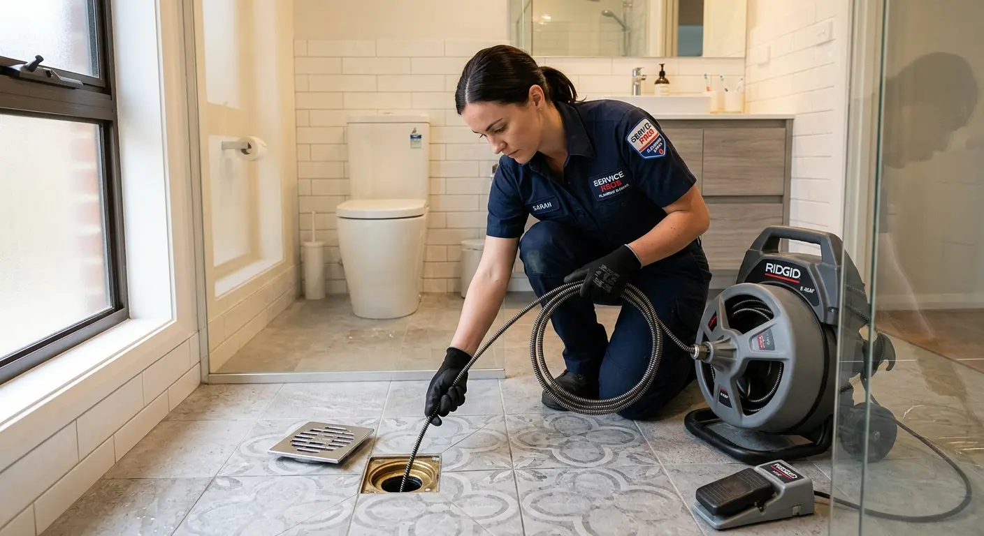 Technician clearing a bathroom floor drain for Drain Cleaning in Villa Rica